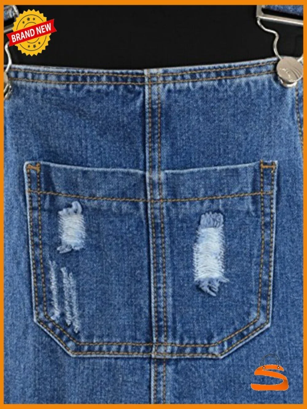 Distressed Denim Adjustable Strap Overall Dress Knee-Length